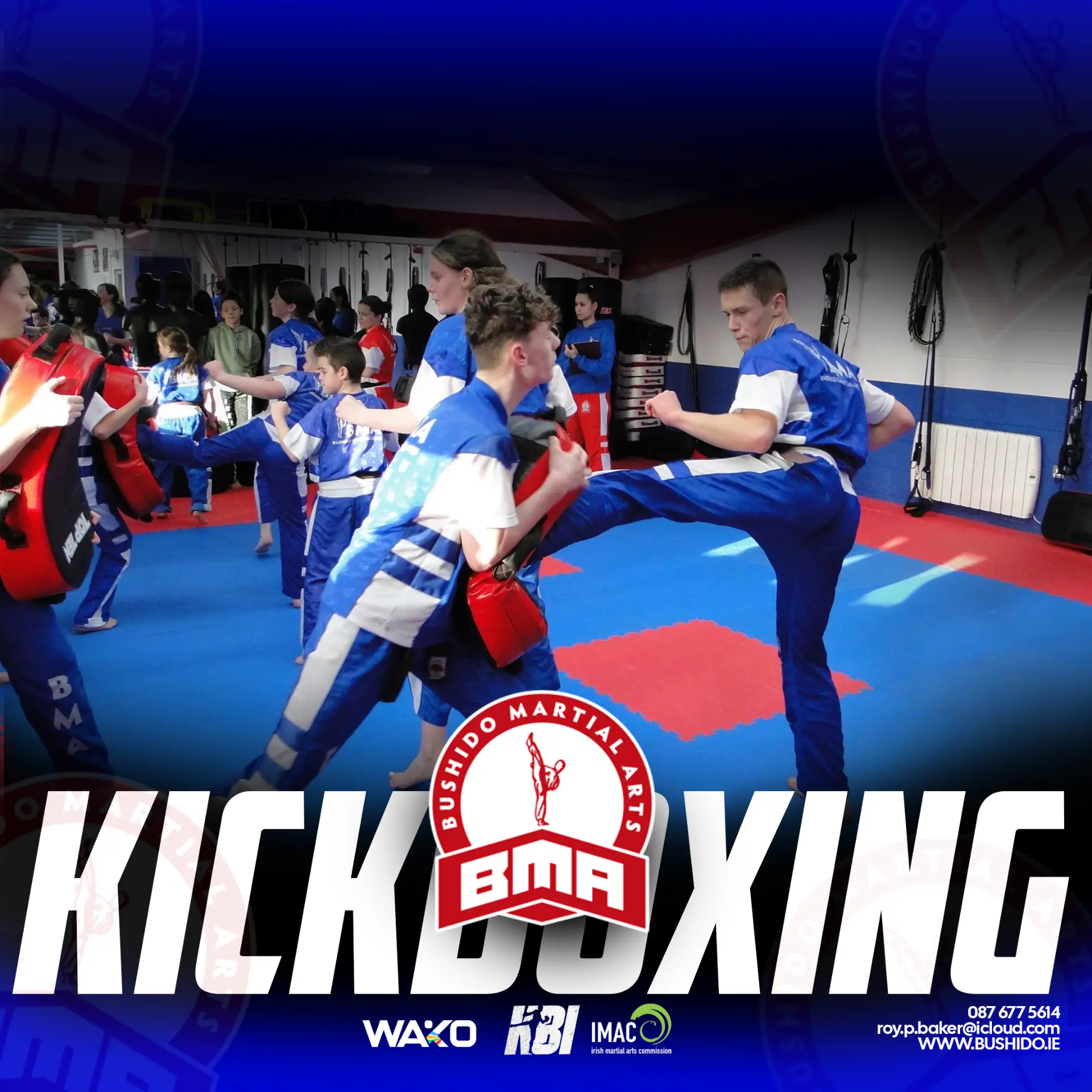 Bushido teen kickboxing artwork: teenagers practising kickboxing on the mat with pads