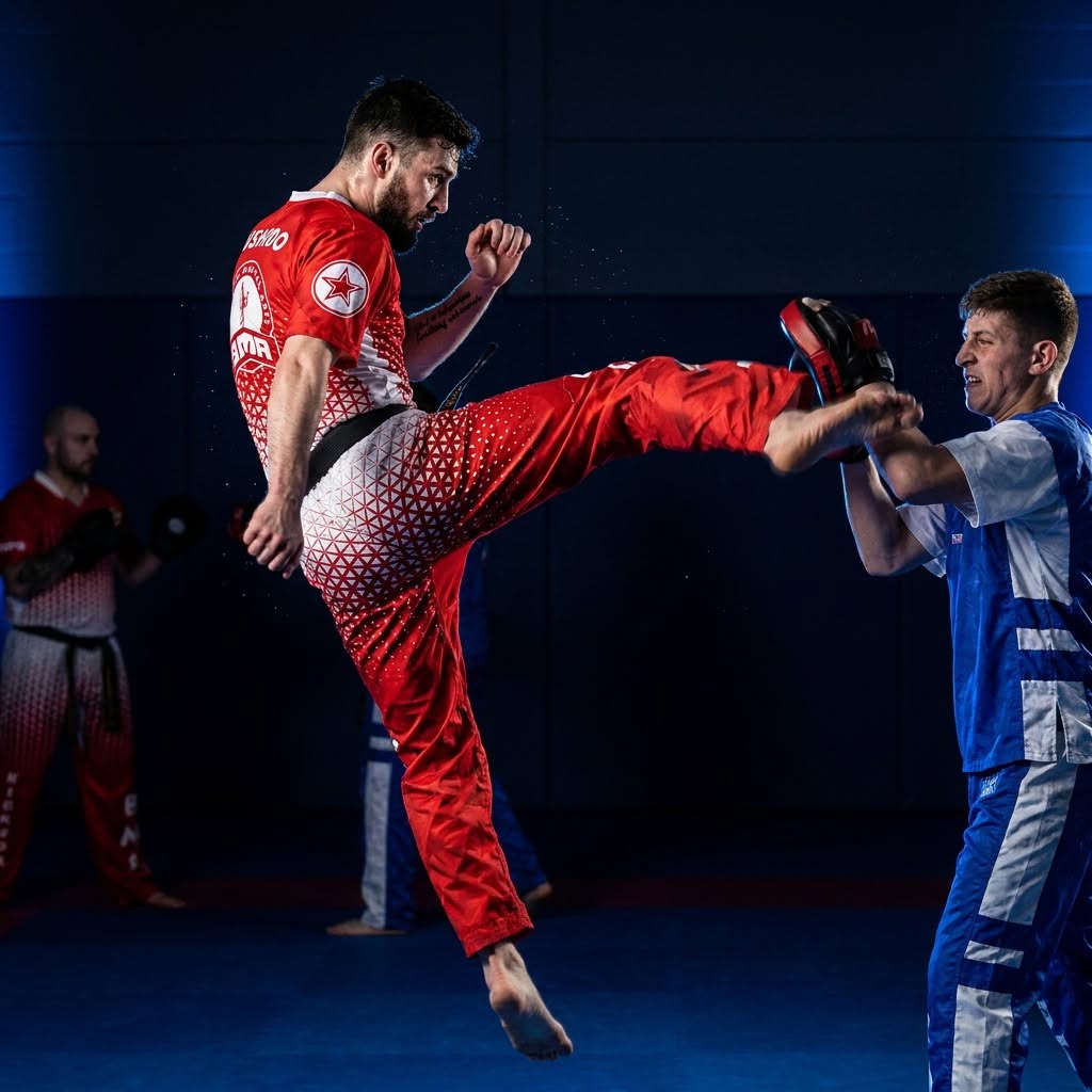 Bushido athlete executing a flying kick against strike pads in the studio